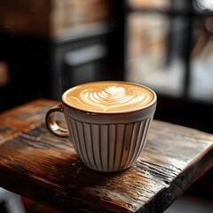 Beautifully Crafted Latte with Leaf Pattern Foam on Wooden Table in Cozy Caf Setting