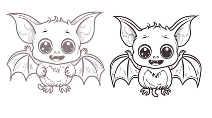 Fototapeta premium Black and white illustration featuring two adorable cartoon bats with big eyes and smiling faces. Perfect for children's books, coloring pages, and fun, playful designs.