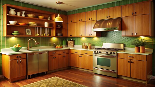 Retro 1970s kitchen showcases rounded harvest gold appliances, warm wood cabinets, pea green walls, and ornate metal accents, evoking a nostalgic culinary atmosphere.