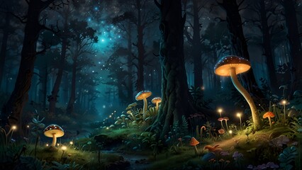 "Magical Creatures and Luminescent Mushrooms in an Enchanted Forest"
