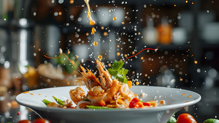 A dynamic close-up of a seafood pasta dish with ingredients like shrimp, vegetables, and spices being tossed in the air. Perfect for food photography, culinary art, and restaurant promotions.