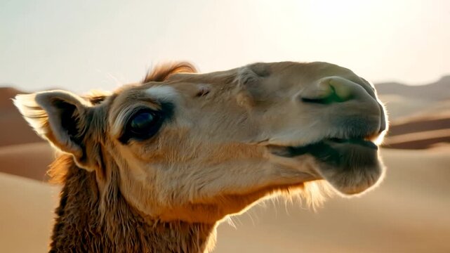 A camel stands against a backdrop of soft sand dunes, illuminated by warm sunlight during the late afternoon hours