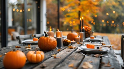 Autumn outdoor dinner table with pumpkins and candles