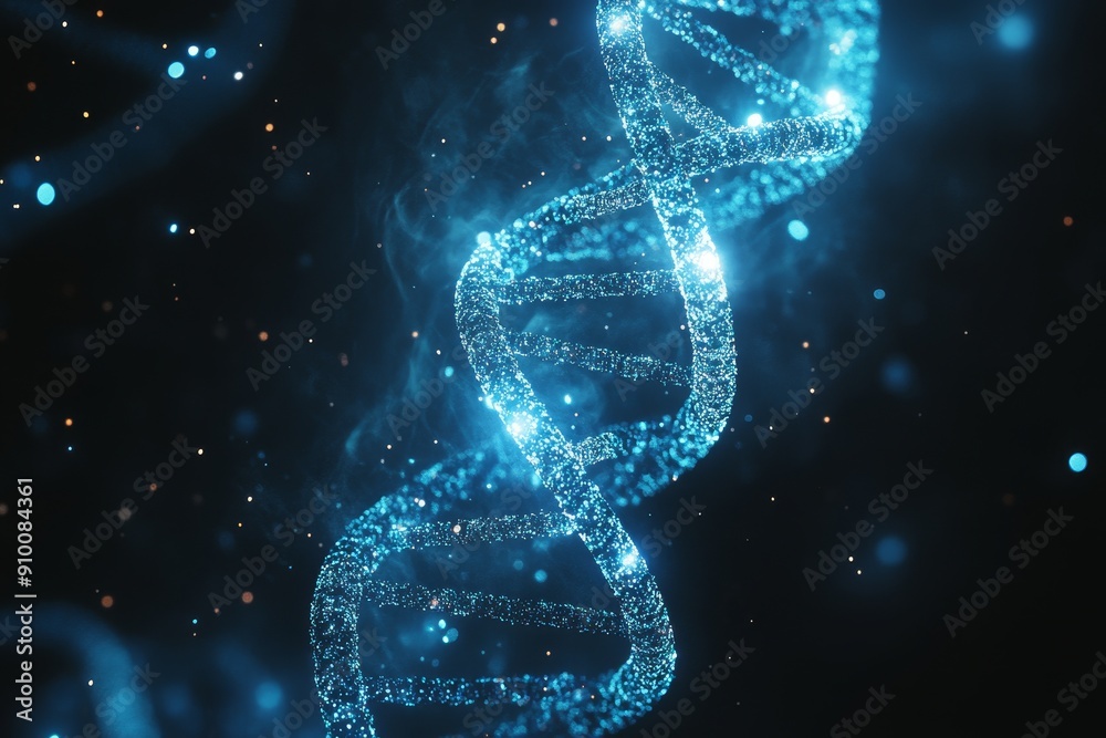 Wall mural a 3d digital illustration of a dna double helix structure with an intricate network of lines and dot