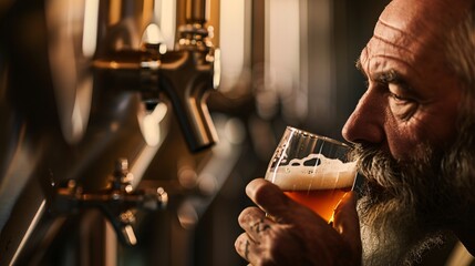 Bearded Man Drinking Beer in Brewery