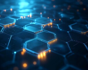 Abstract technology background concept with hexagon pattern and glowing light effects. Vector illustration in the style of abstract, ultra realistic, stock photo, high resolution photography, insanely