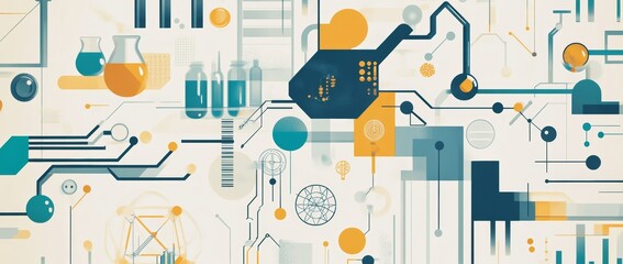 The concept of innovation medicine features flat icons on an abstract background and illustrates breakthroughs in medical research and biotechnology.