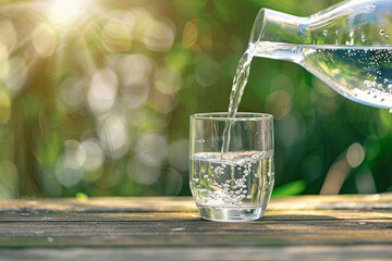 water from jug pouring into glass on wooden table outdoors