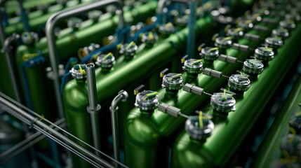 Obraz premium Close-Up of Industrial Machinery with Green Metal Cylinders