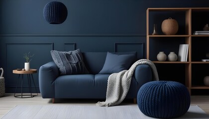 A modern living room with a navy blue sofa, gray throw pillows, and a large knitted pouf on the floor. The room has a minimalist and cozy atmosphere with wooden accents and a dark blue wall