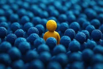  A yellow figurine stands out in a crowd of dark-colored figures, symbolizing uniqueness and contrast. The use of lighting and colors emphasizes the central figure
