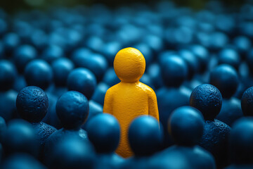  A yellow figurine stands out in a crowd of dark-colored figures, symbolizing uniqueness and contrast. The use of lighting and colors emphasizes the central figure
