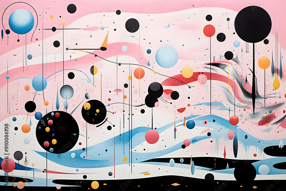 Wall mural abstract illustration with pink, blue, and black circles