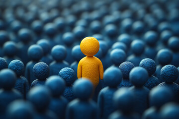  A yellow figurine stands out in a crowd of dark-colored figures, symbolizing uniqueness and contrast. The use of lighting and colors emphasizes the central figure