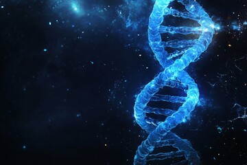 Obraz premium A glowing DNA hologram on a dark blue backdrop with a mock up of a place. Science, medicine, and biotechnology concept. 3D rendering.