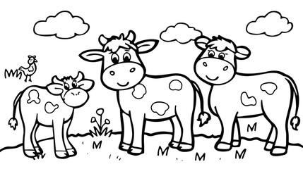 A black-and-white cartoon illustration of three smiling cows standing in a grassy pasture with a rooster and fluffy clouds. Ideal for children's coloring books, farm-themed projects, and educational m