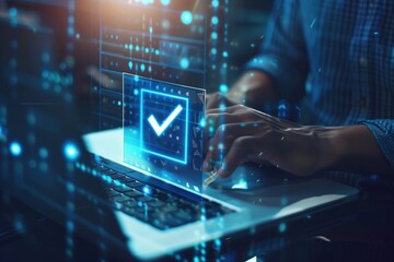 Close-up of hands typing on laptop keyboard with a virtual checkmark interface overlay. Concepts of technology, cybersecurity, and digital verification.