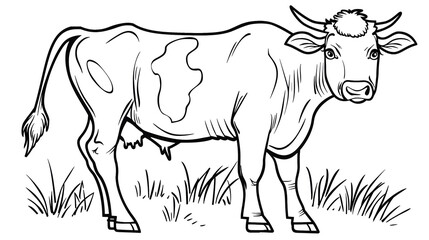 Fototapeta premium A black-and-white cartoon illustration of a cute, smiling calf standing in a meadow with flowers. Perfect for children's coloring books, farm-themed activities, and educational materials.