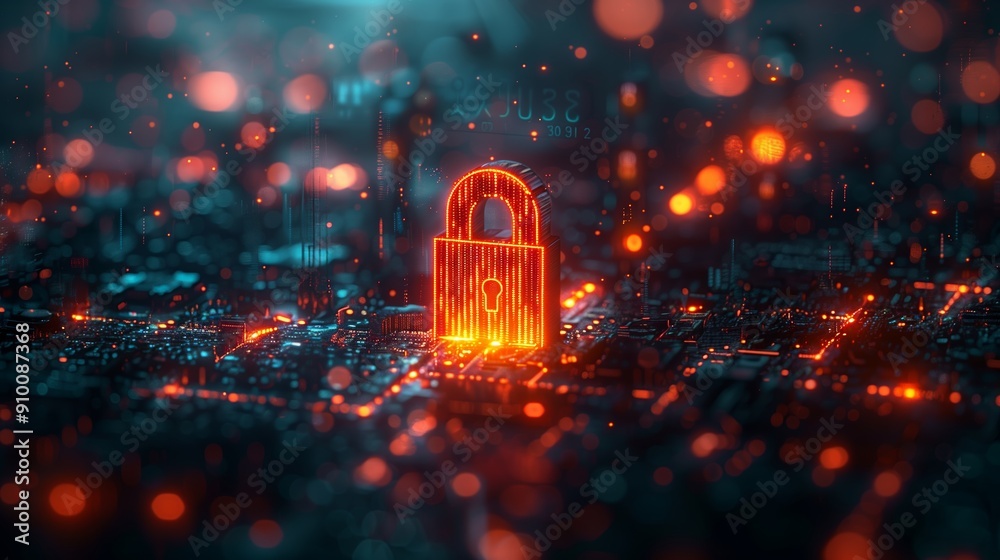 Poster vibrant digital lock symbol over abstract circuitry background in tech advance setting