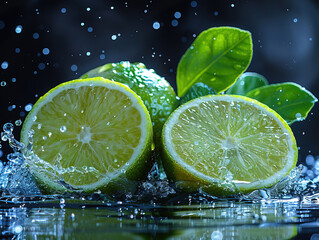 LIME splashing with water on elegant black background fresh mojito drink with liquid splash and crushed ice in freeze motion, close-up.