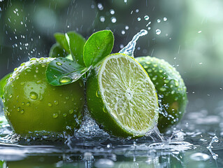 LIME splashing with water on elegant black background fresh mojito drink with liquid splash and crushed ice in freeze motion, close-up.
