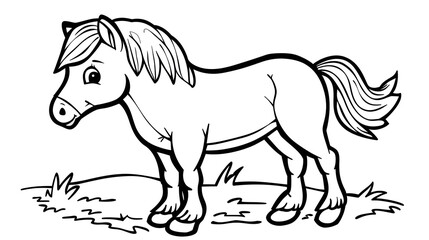 Detailed black and white cartoon illustration of a horse standing in a pasture, ideal for children's coloring books, farm-themed educational materials, and creative design projects.