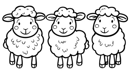 Fototapeta premium A charming black and white cartoon illustration of three smiling sheep. Perfect for children's coloring books, educational materials, and farm-themed projects.