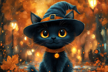 Silhouette of a witch on a broomstick flying against a glowing full moon, creating a magical