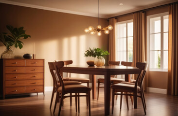 Fototapeta premium cozy modern dining room with wood table and chairs, kitchen on sunny day.