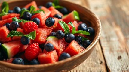 Fresh Fruit Salad with Berries and Watermelon in Wooden Bowl