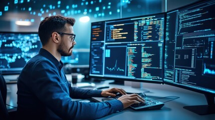 A man is working on a computer with multiple monitors, typing on a keyboard
