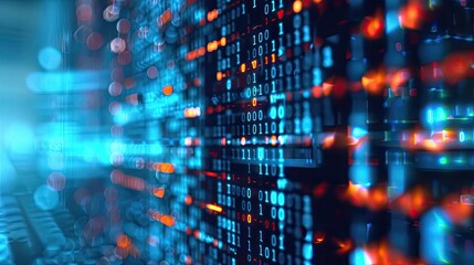 Abstract image of glowing binary code in blue and red tones, representing digital technology and data processing.