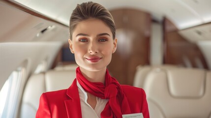 Smiling flight attendant in red uniform inside a luxurious private jet cabin with plush seats. Concepts of air travel, luxury service, and professional aviation staff.