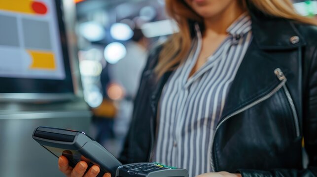 Close up of a hand using contactless tap and go payment technology on a digital POS terminal with a blurred background showcasing the modern futuristic concept of wireless financial transactions