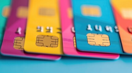 Close up of a stack of colorful student credit cards featuring academic and youthful themed designs captured in a depth of field setting