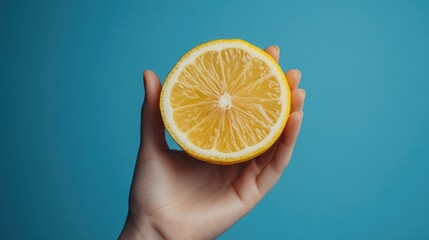 Hand Holding Half of a Lemon Against a Blue Background