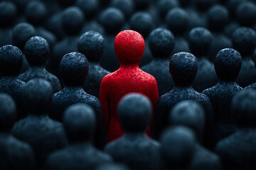 A red figurine stands out in a crowd of dark-colored figures, symbolizing uniqueness and contrast. The use of lighting and colors emphasizes the central figure