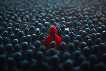  A red figurine stands out in a crowd of dark-colored figures, symbolizing uniqueness and contrast. The use of lighting and colors emphasizes the central figure