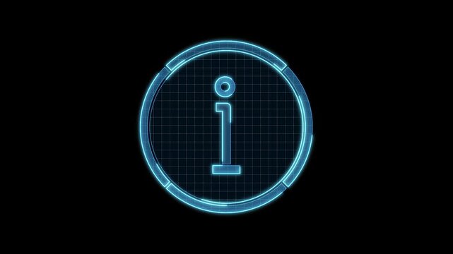 Info icon motion animation, continuous seamless loop from 1 to 7 second mark, futuristic cyber technology look, neon laser lines on black background.
