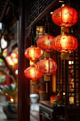 Obraz premium Row of traditional red Chinese lanterns in an outdoor Asian setting