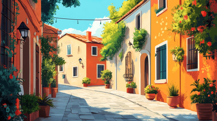 Fototapeta premium Sunny cobblestone street lined with charming colorful houses and lush plants