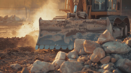 Fototapeta premium A bulldozer on a construction site during sunset, its shovel raised, surrounded by dust and rocks, capturing the essence of a bustling work environment.