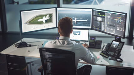 A man works at a desk with three computer screens displaying detailed 3D airplane designs, situated in a professional office.