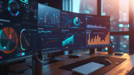 Multiple monitors display colorful data visualizations in a dimly-lit office, emphasizing a high-tech environment.