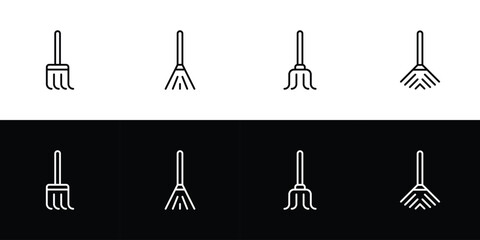 Broom icon set. Flat design symbol collection isolated on black and white background.
