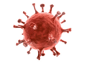 Red virus particle with spike proteins on white background.