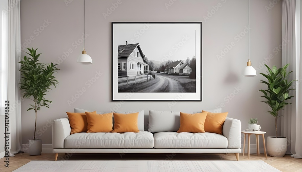 Wall mural Frame mockup, ISO A paper size. Living room wall poster mockup. Interior mockup with house background. Modern interior design. 3D render