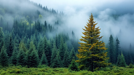 Fototapeta premium Foggy forest, mist covering trees