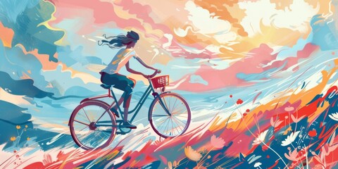 Fototapeta premium Colorful watercolor painting of a cyclist racing through vibrant splashes. Dynamic brush strokes capture