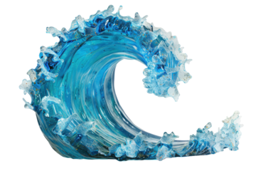 Blue ocean wave curling on white background. PNG without background
